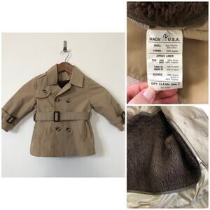 VTG Toddler Tan Khaki Trench Coat Tag 2 Fit 18-24M Zip Out Fur Lining Classic